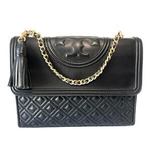 Tory Burch Fleming Leather Convertible Shoulder Bag Crossbody Black Quilted